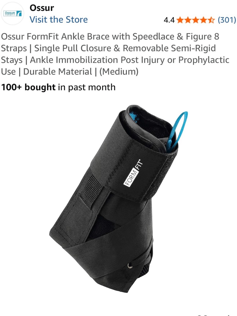 Ossur FormFit Black Ankle Brace with Blue Pull Tab